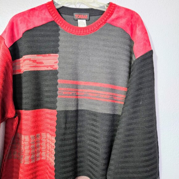Vintage Torras Men's Red and Black Block Print Sweater Retro Wool Blend Size L - Picture 6 of 10